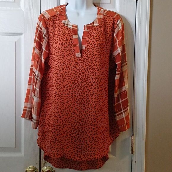 Cato  multi prints & shades of orange  brown sheer high low blouse  Sz M NWOT - Picture 1 of 5